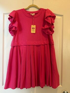 entro Hot Pink Ruffle Sleeve Pleated Casual Dress